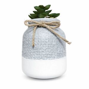 Rustic Ceramic Succulent Vase Jute Bow Textured Gray & White Planter Home Decor